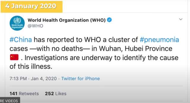 WHO reported on social media that there was a cluster of pneumonia cases – with no deaths – in Wuhan, Hubei province.