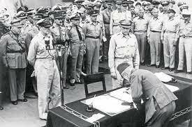 Having agreed in principle to unconditional surrender on August 14, 1945, Japan formally surrenders, ending World War II.