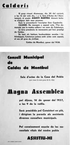 Ban anunciant la convocatòria d'una assamblea oberta a tots els calderins per informar de l'estat de la guerra