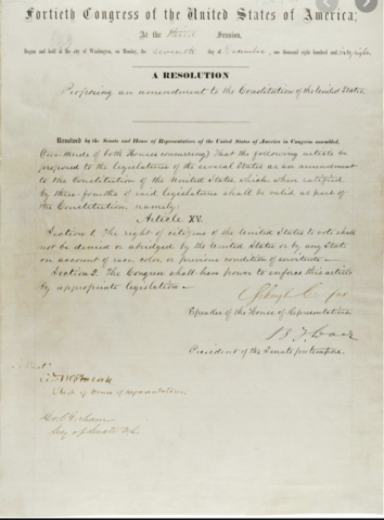 The 15th Amendment is ratified