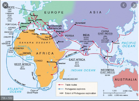 Portuguese explore the coast of Africa.