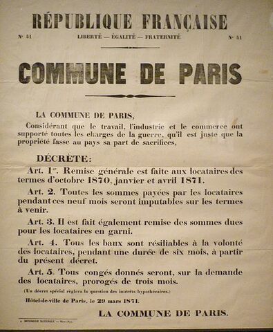 The Commune repeals legislation (passed by the authority based in Versailles) calling for the payment of rent arrears & debts that had been suspended during the siege.