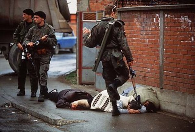 The first acts of genocide are committed in Sarajevo by Serbian leader Radovan Karadzic