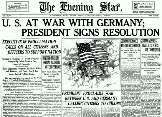 The United States joins World War I on the side of the Allies declaring war on Germany.