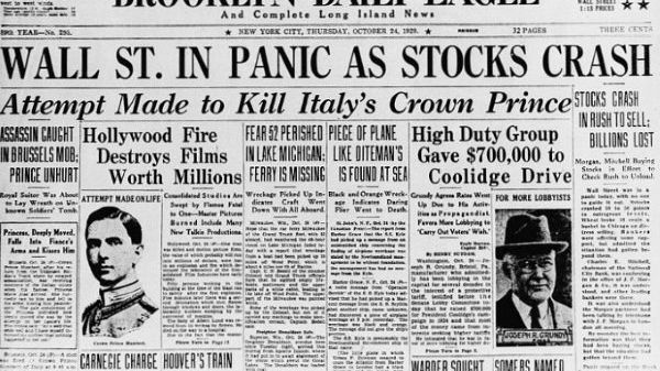 Wall Street crashes and the Great Depression begins.