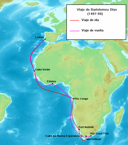 They arrive the Cape of Good Hope  captained by Bartolomeu Dias