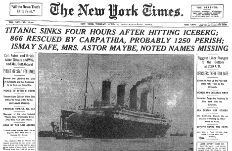 Hundimiento del Titanic al chocar con un iceberg en el Atlántico Norte, frente a las costas de Terranova.