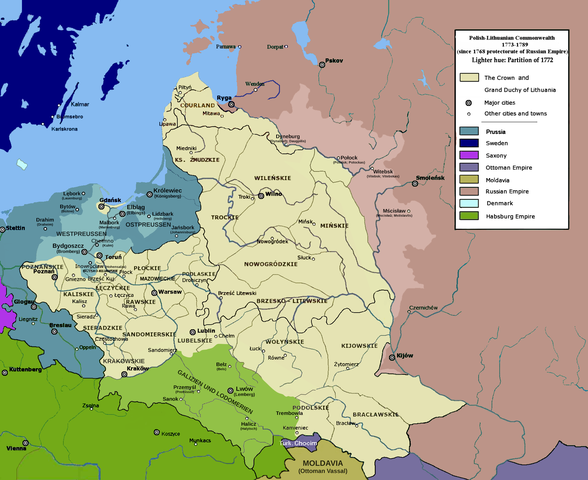 A weakened Poland is divided between Prussia, Austria, and Russia in what is called the First Partition.