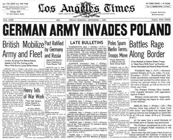 World War II begins when Germany invades Poland