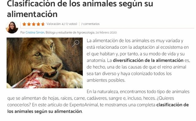 Clasificación de los animales según su alimentación
