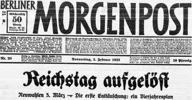 Reichspräsident Hindenburg folgte dem Wunsch Hitlers und seines Kabinetts und löste den Reichstag vorerst auf. Die Neuwahlen wurden auf den 05. März 1933 angesetzt. Die NSDAP erhoffte sich somit, die absolute Mehrheit im Parlament zu erlangen.