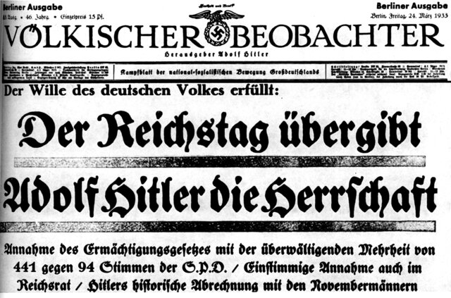 Am Folgetag verkündete man feierlich, dass sich der Reichstag am Vortag mit 444 Stimmen Ja gegen 94 Stimmen Nein (allesamt von der SPD) zur Annahme des Ermächtigungsgesetz entschlossen hat. Das Parlament entmachtet sich somit im Grunde genommen selbst.