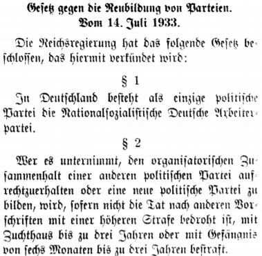 Mit dem "Gesetz gegen die Neubildung von Parteien" war der Einparteienstaat mit der NSDAP als einzig zulässige Partei Tatsache. Andere Parteien wurden entweder zuvor verboten (KPD und SPD) oder kamen dem zu erwartendem Verbot mit einer Auflösung zuvor.