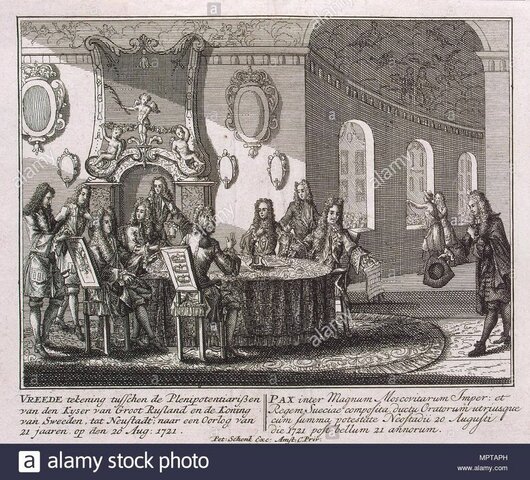 Tratado de Nystad: Livonia, Estonia, Karelia e Ingria compradas a Suecia.