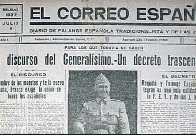 Franco promulga el día 19 el llamado Decreto de Unificación, por medio del cual crea una única formación política legal bajo su mando: FET y de las JONS.