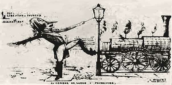 Caricatura de Ramón Castilla con una locomotora de vapor y un farol de alumbrado público.