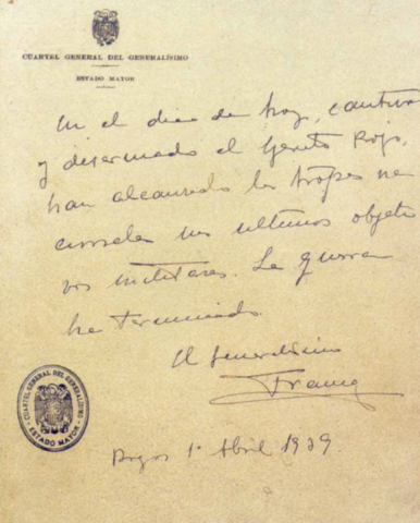 El general Franco hace público el último parte bélico el día 1: la guerra ha terminado con la victoria de quienes se habían sublevado tres años antes.