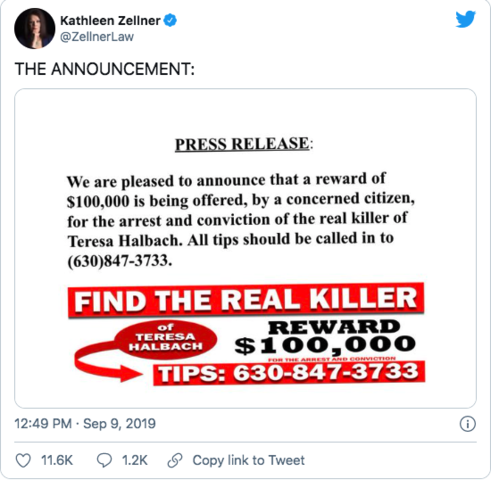 Kathleen Zellner tweets a reward of $100K for information about real killer