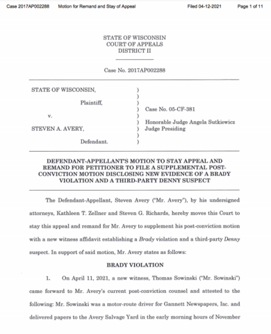 Kathleen Zellner files Motion to Stay the Appeal and Remand - Disclosure of New Evidence of Brady Violation and Third-party Suspect