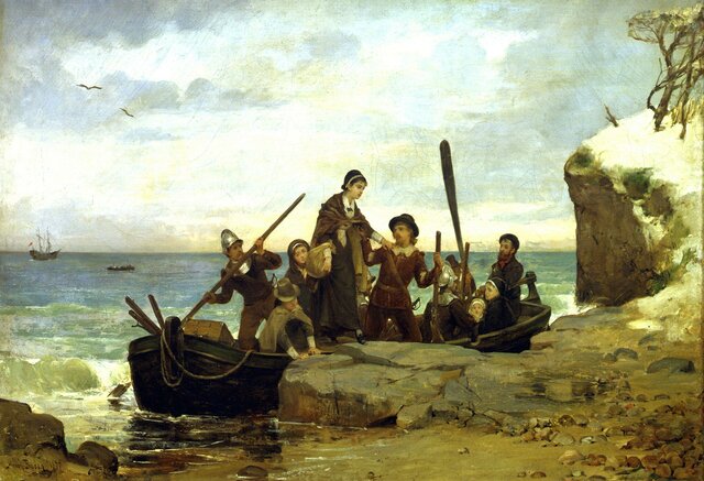 Pilgrims land at Plymouth Rock