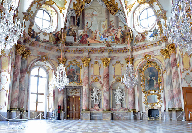 Ballroom ceiling of the Ca Rezzonico in Venice with illusionistic quadratura painting by Giovanni Battista Crosato