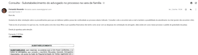 Contato por e-mail com o atendimento virtual da Justiça-Defensoria Pública