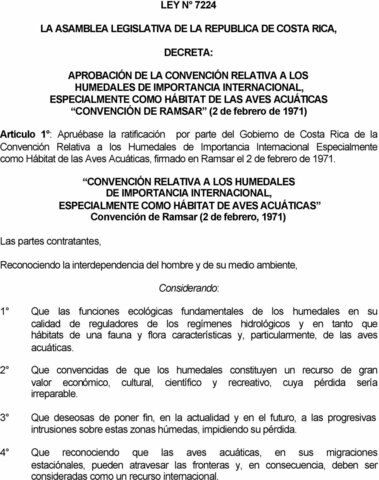 Asamblea Legislativa ratifica la Convención sobre Humedales Internacionales como Hábitat de Aves Acuáticas.