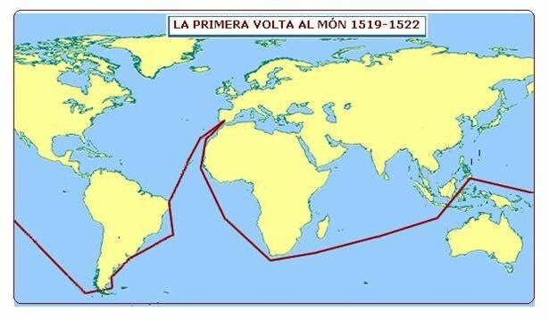 Completació de la primera volta al món, completat pel segon de Fernâo, Juan Sebastián Elcano