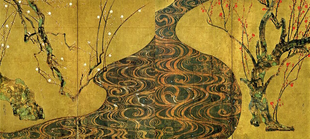 Red and White Plum Blossoms by Ogata Kōrin