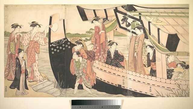 Women Landing from a Pleasure Boat Drawn Up to the Shore at Mukojima on Sumida River, Edo by Torii Kiyonaga