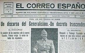 Franco promulga el día 19 el llamado Decreto de Unificación, por medio del cual crea una única formación política legal bajo su mando: FET y de las JONS.