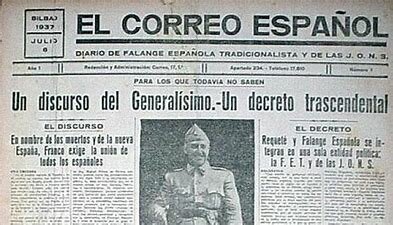 Franco promulga el día 19 el llamado Decreto de Unificación, por medio del cual crea una única formación política legal bajo su mando: FET y de las JONS.