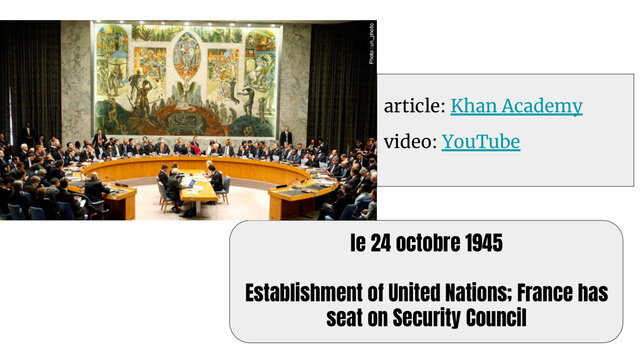 The United Nations is established, with France as part of its Security Council.