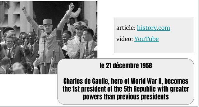 The leader of the French Resistance during WWII, Charles de Gaulle is elected the first president of the Fifth French Republic.