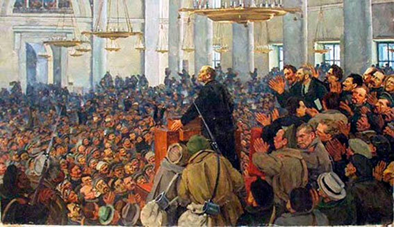 Primera aparición de Lenin en una reunión del Soviet de Petrogrado en Smolni el 25 de octubre de 1917, de Konstantín Yuón (1927)