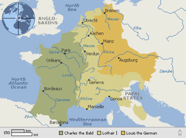 Division of Charlemagne's Empire between his grandsons with the Treaty of Verdun.