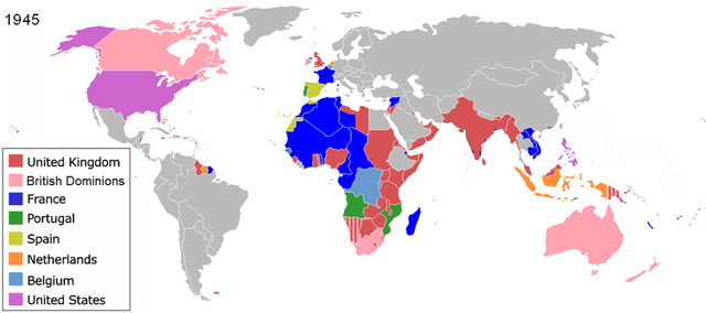 La major part del territori mundial en mans de les potències colonials europees van iniciar el procés descolonitzador