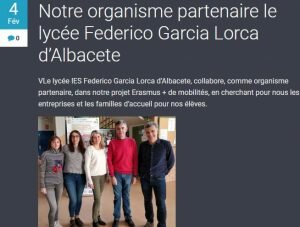 Notre organisme partenaire le lycée Federico Garcia Lorca d’Albacete. Noticia en el Boletín del Lycée Notre Dame de Rezé Nantes.