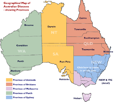 The Catholic Church in Australia is divided into provinces and dioceses