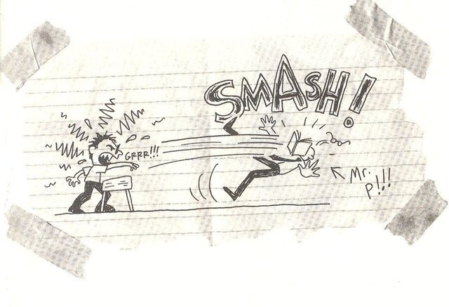 Junior hits Mr. P in the face with a book