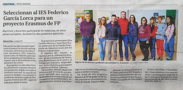 2º Proyecto Erasmus de FP: "On-the-Job Training in Europe". Noticia en La Tribuna de Albacete (prensa escrita)