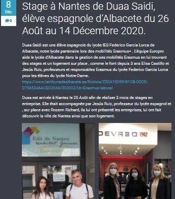 Stage à Nantes de Duaa Saidi, élève espagnole d’Albacete du 26 Août au 14 Décembre 2020. Publicación Boletín Europro del Lycée Notre Dame