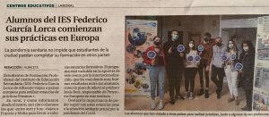 Alumnos del IES Federico García Lorca de Albacete comienzan sus prácticas en Europa. Noticia en La Tribuna (prensa escrita)
