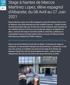 Stage à Nantes de Marcos Martinez Lopez, élève espagnol d’Albacete, du 08 Avril au 27 Juin 2021. Boletín EuroPro del Lycée Notre Dame.