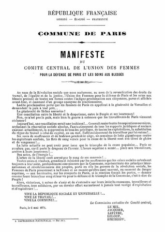 Manifesto of the Central Committee of L'UNION DES FEMMES POUR LA DÉFENSE DE PARIS ET LES SOINS AUX BLESSÉS
