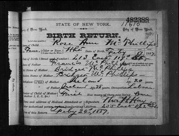 Birth of Anna T. MCPHILLIPS