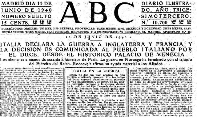 Italia declara la guerra a Gran Bretaña y Francia