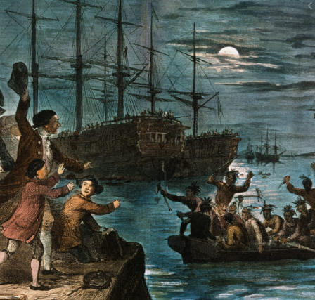 Boston Tea Party: The Sons of Liberty disguise as Native Americans and dump millions of dollars worth of tea into Boston Harbor.