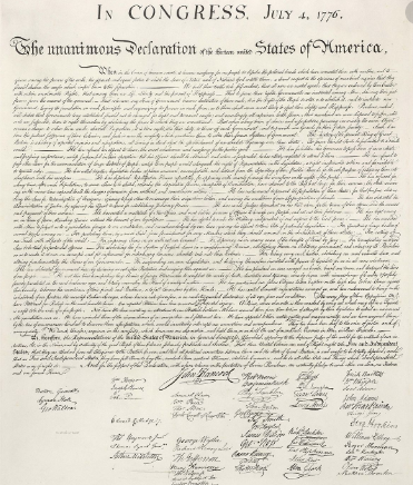 Continental Congress signs the Declaration of Independence, a document about America's independence.