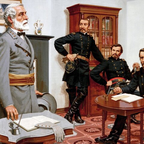 Robert E. Lee surrenders at Appomattox